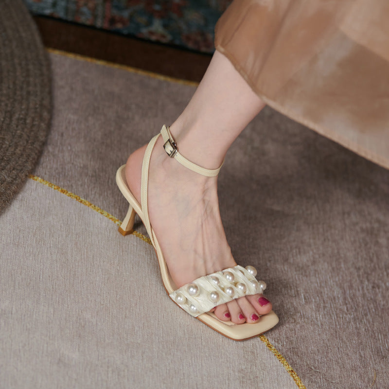 High-heeled Pearl Gauze Sandals French