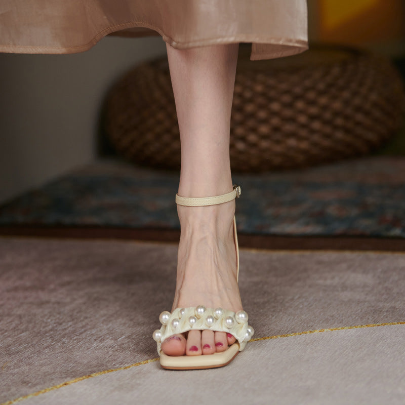 High-heeled Pearl Gauze Sandals French