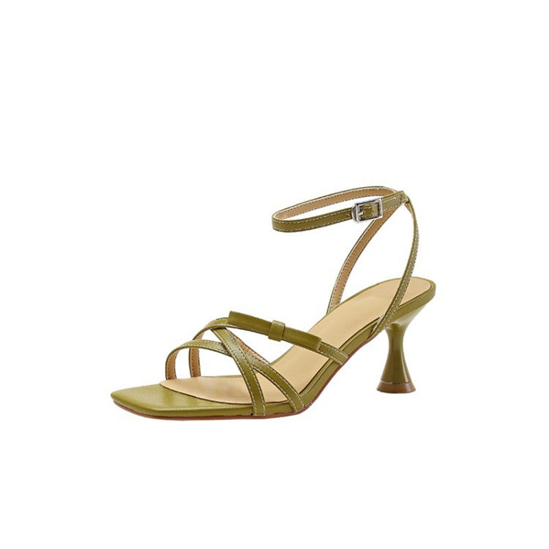 High-heeled Sandals Women's Square Toe Stiletto Bow With A Word Belt