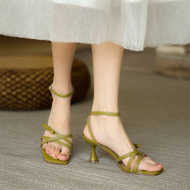 High-heeled Sandals Women's Square Toe Stiletto Bow With A Word Belt