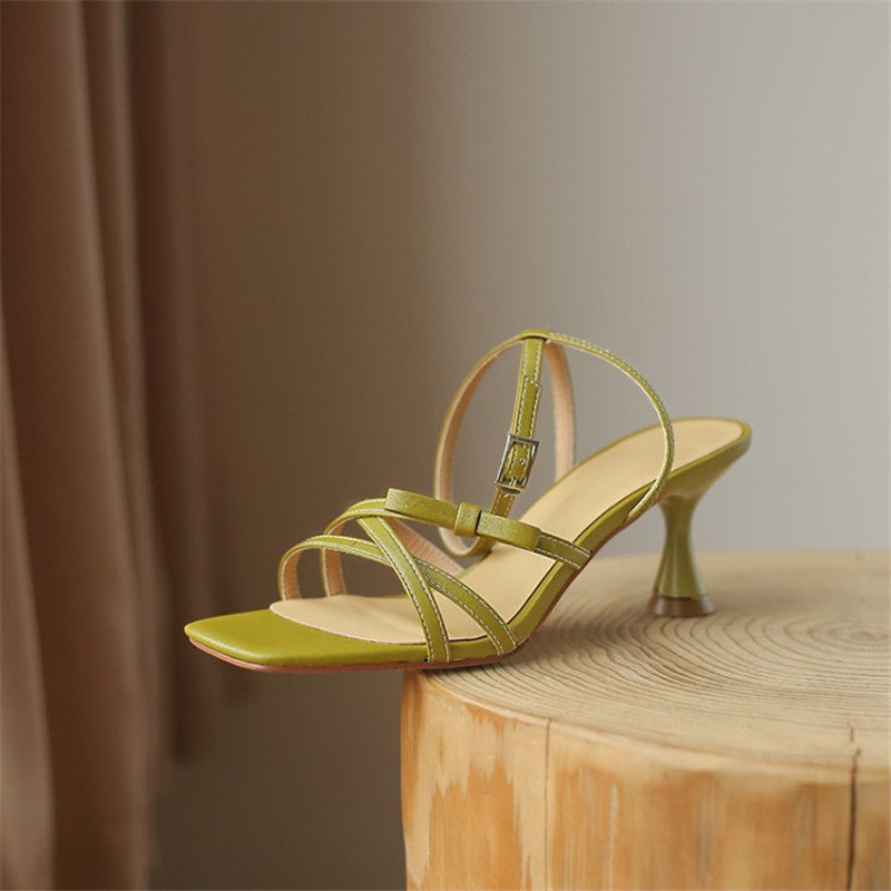 High-heeled Sandals Women's Square Toe Stiletto Bow With A Word Belt