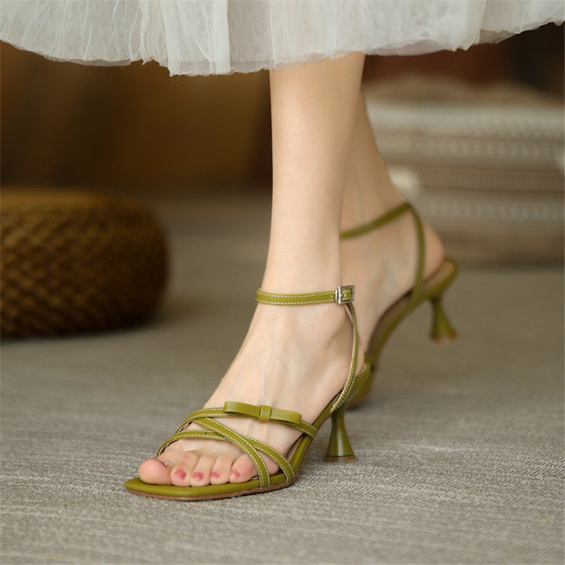 High-heeled Sandals Women's Square Toe Stiletto Bow With A Word Belt