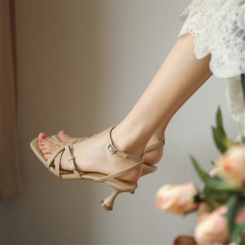 High-heeled Sandals Women's Square Toe Stiletto Bow With A Word Belt