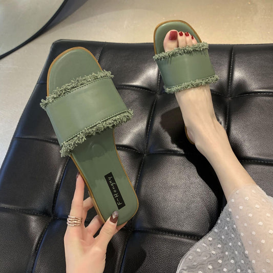 Fashion Outer Wear One-word Tassel Sandals And Slippers