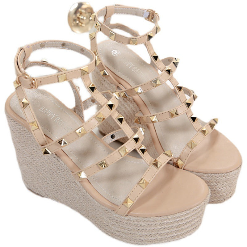 Sponge Cake Platform Rivet High-heeled T-strap Roman Heightened Wedge Sandals