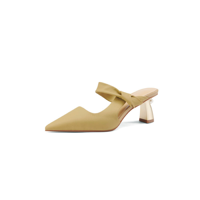 Full Leather High Heel Slippers Women Soft And Comfortable Sheepskin Pointed Toe Women's Shoes