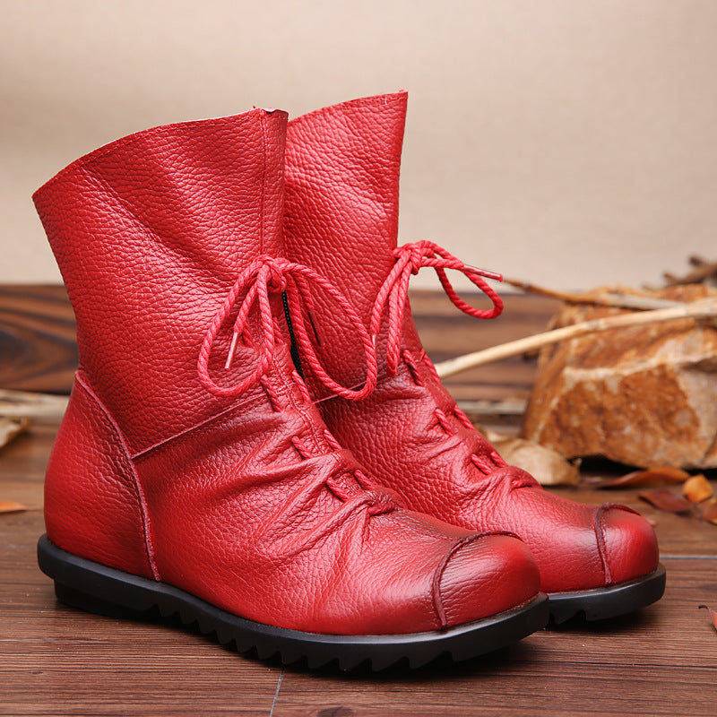 National Style Top Layer Cowhide Short Boots Women's