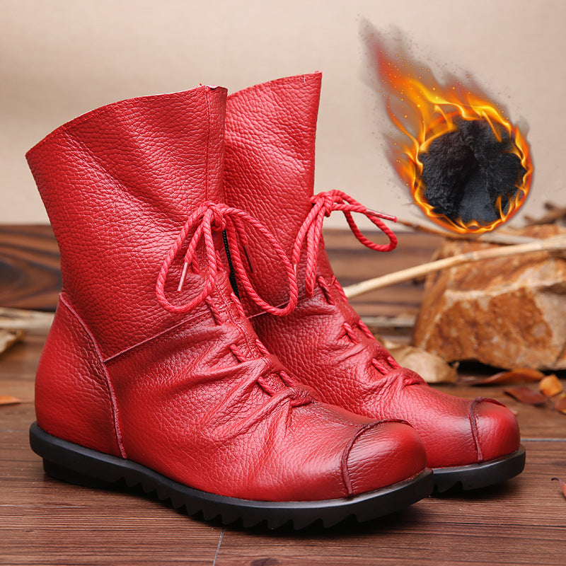 National Style Top Layer Cowhide Short Boots Women's