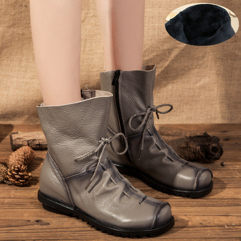 National Style Top Layer Cowhide Short Boots Women's