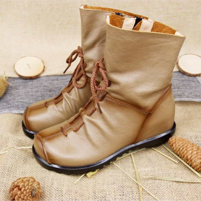 National Style Top Layer Cowhide Short Boots Women's