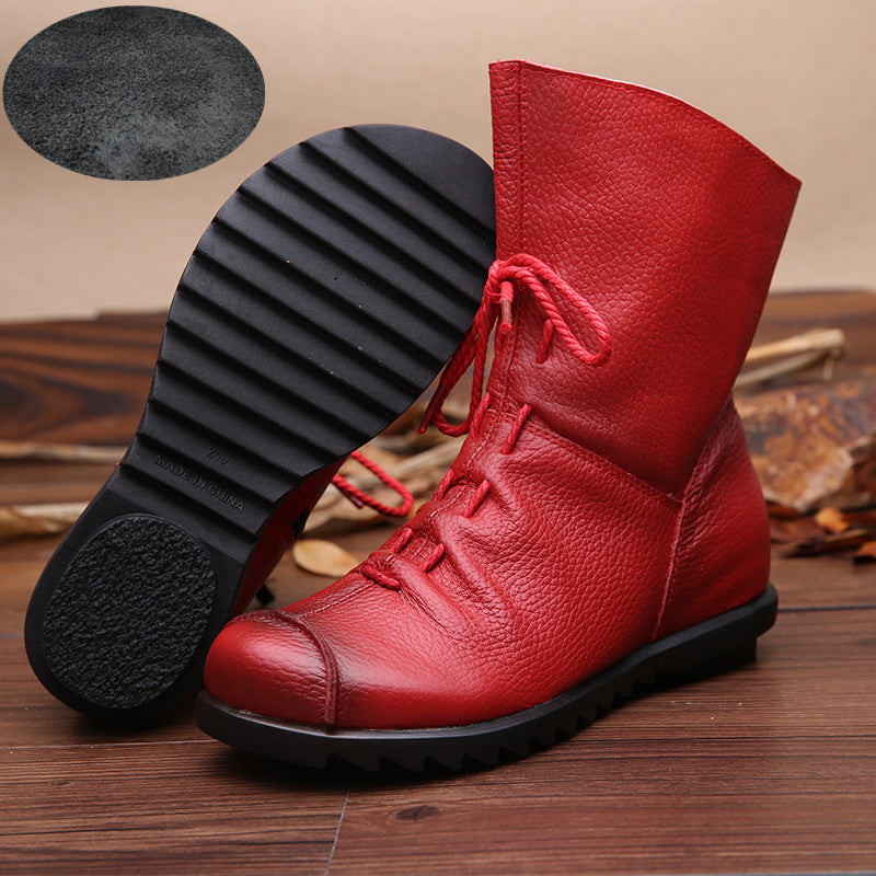 National Style Top Layer Cowhide Short Boots Women's