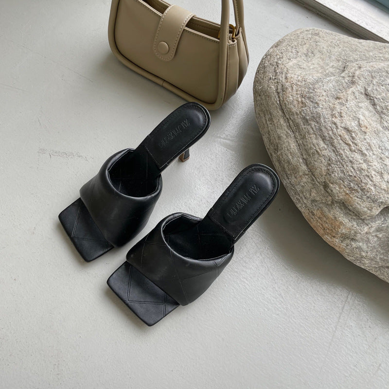 Diamond Stiletto Soft Leather Square Sandals And Slippers