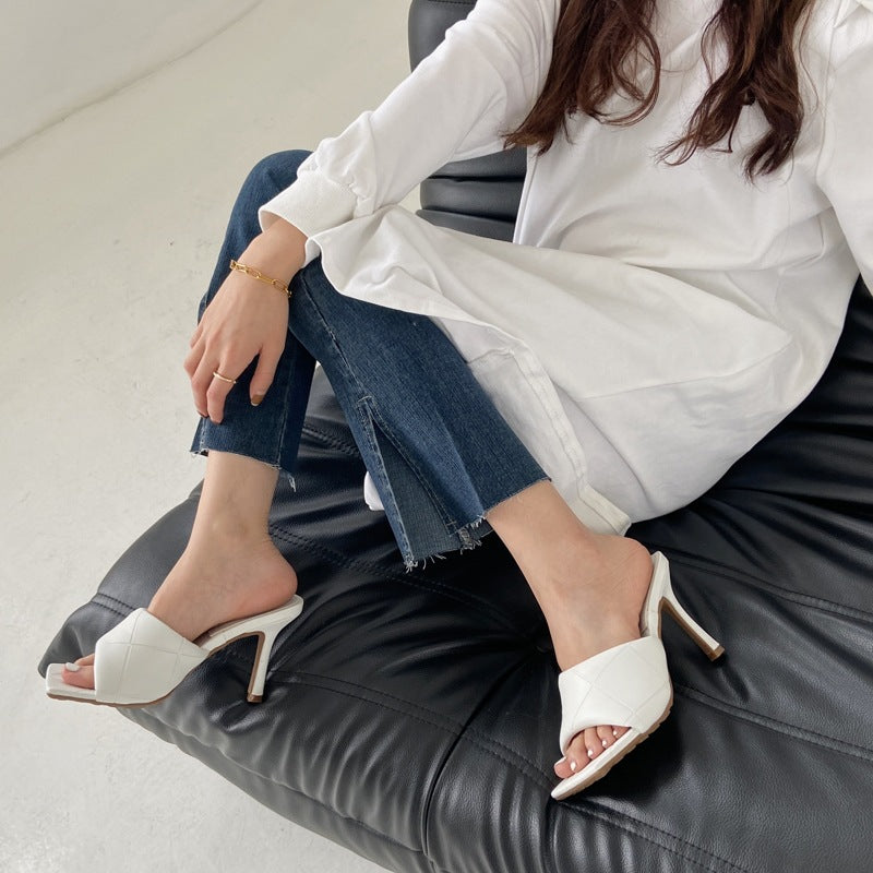 Diamond Stiletto Soft Leather Square Sandals And Slippers