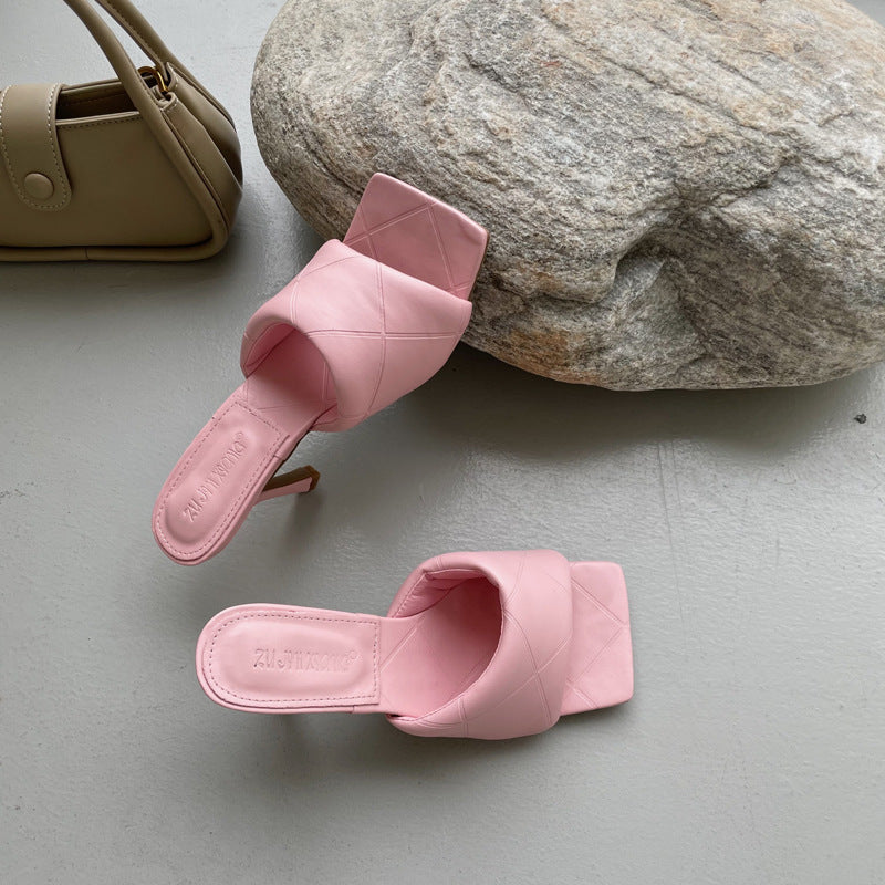 Diamond Stiletto Soft Leather Square Sandals And Slippers