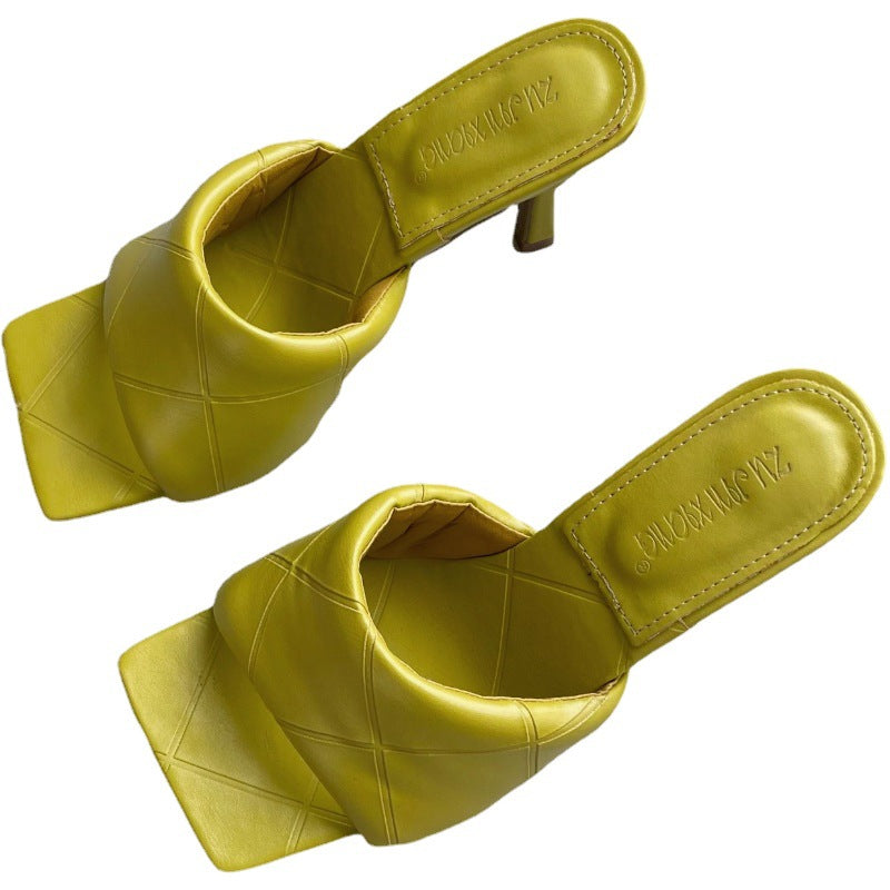Diamond Stiletto Soft Leather Square Sandals And Slippers