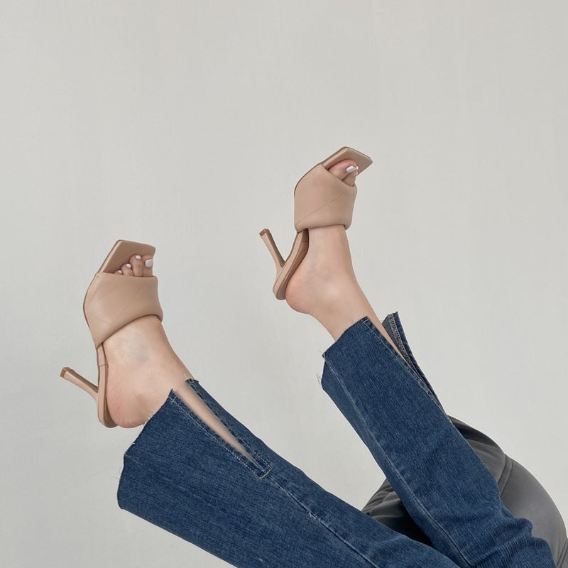 Diamond Stiletto Soft Leather Square Sandals And Slippers