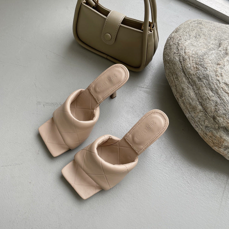 Diamond Stiletto Soft Leather Square Sandals And Slippers