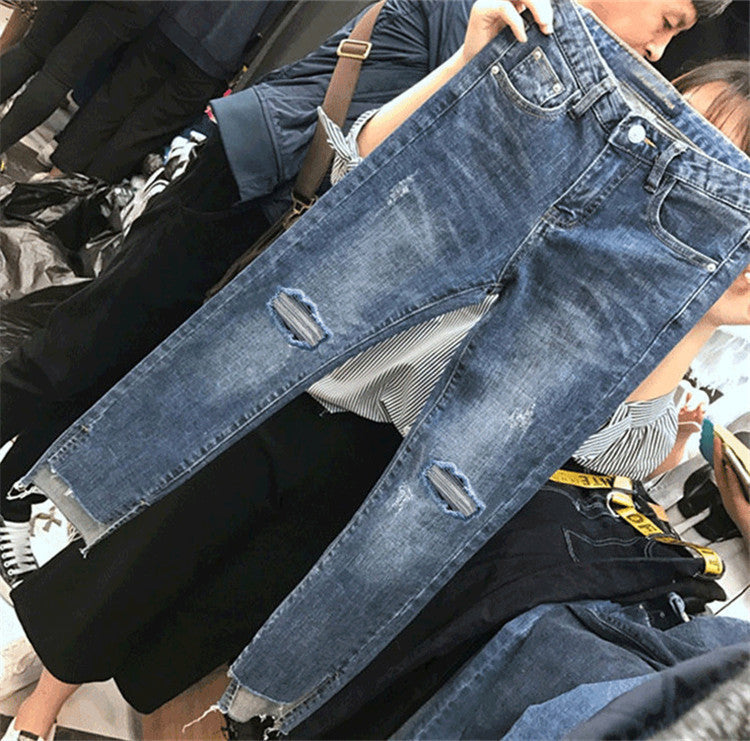 Korean Version Of Plus Size Jeans Women'S Fat Mm High Waist Stretch Slimming Straight-Leg Pants Nine-Point Pants