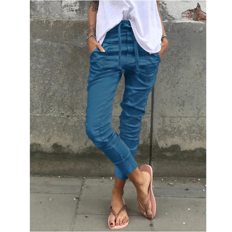 Casual Elastic Waist Micro Stretch Pocket Trousers
