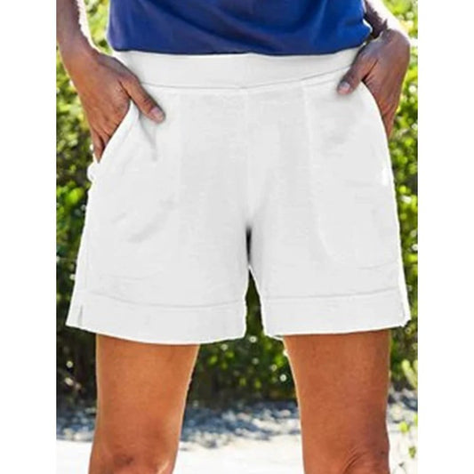 Pure Color Cotton And Linen Ladies Pocket Casual Shorts