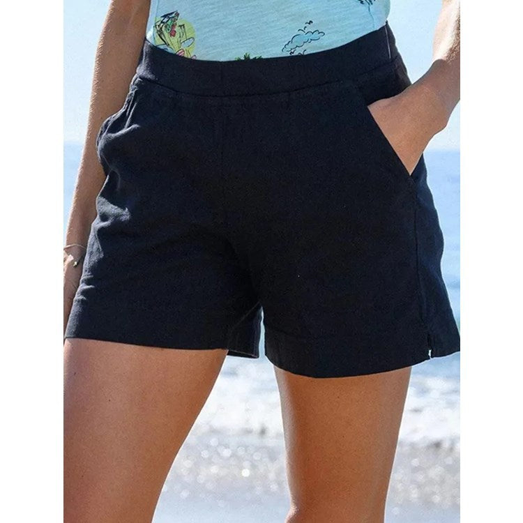 Pure Color Cotton And Linen Ladies Pocket Casual Shorts