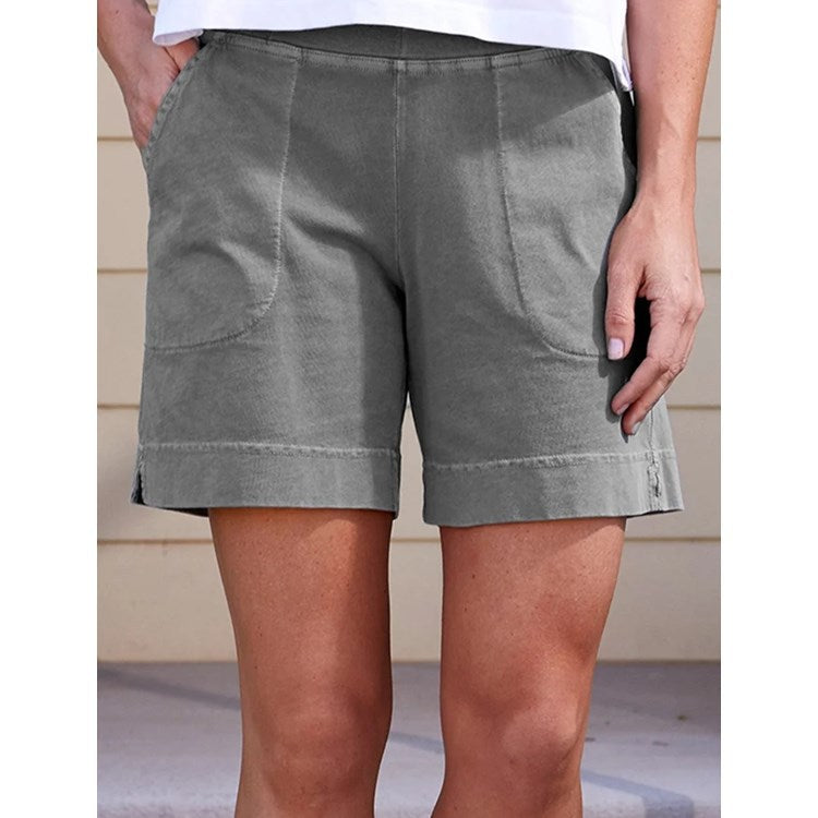 Pure Color Cotton And Linen Ladies Pocket Casual Shorts