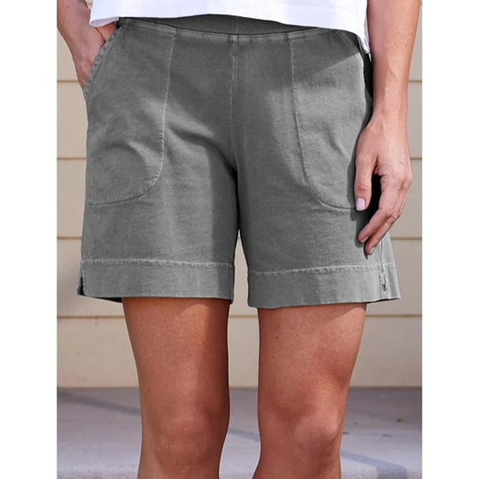 Pure Color Cotton And Linen Ladies Pocket Casual Shorts