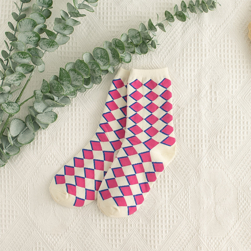 Crazy Plaid Socks Female Mid-tube Japanese College Style Breathable