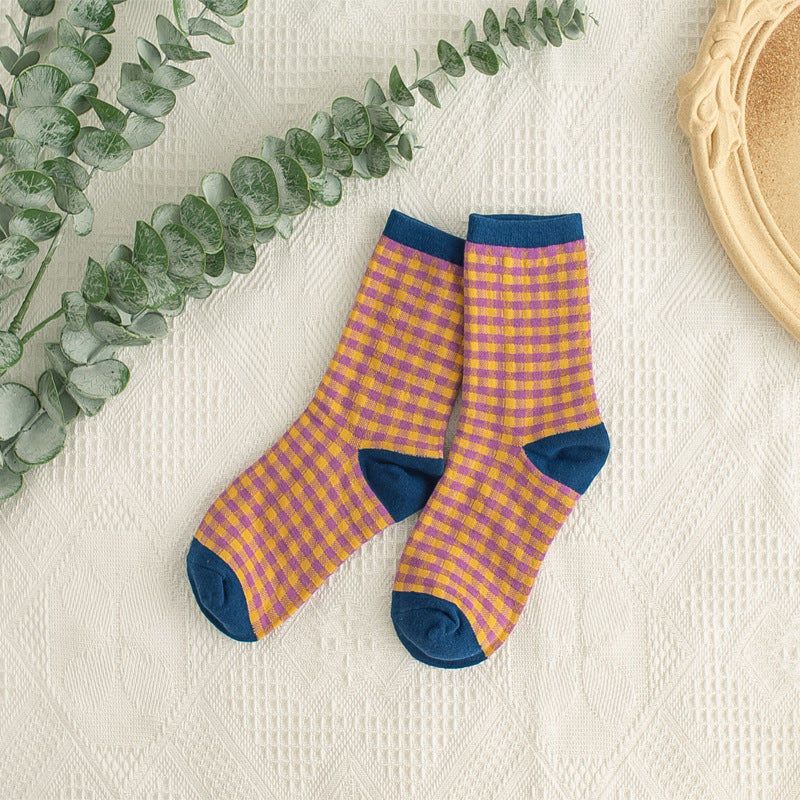 Crazy Plaid Socks Female Mid-tube Japanese College Style Breathable