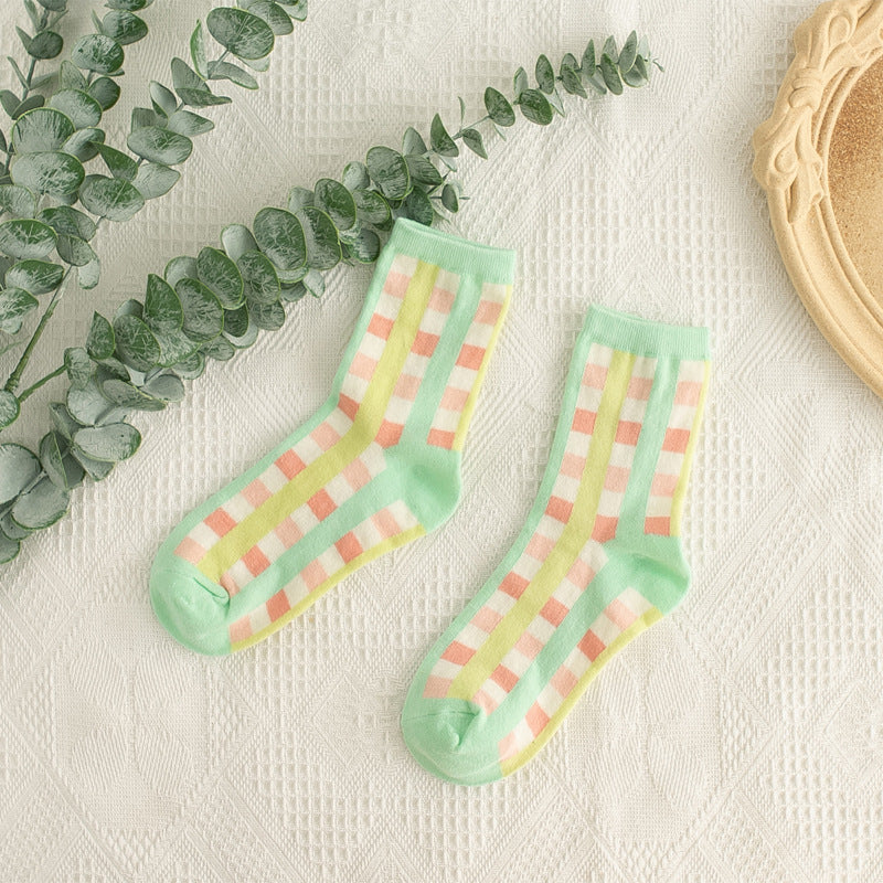 Crazy Plaid Socks Female Mid-tube Japanese College Style Breathable