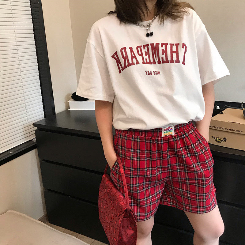Casual Thin Plaid Stripe High Waist Straight Tube Wide Leg Loose Pants