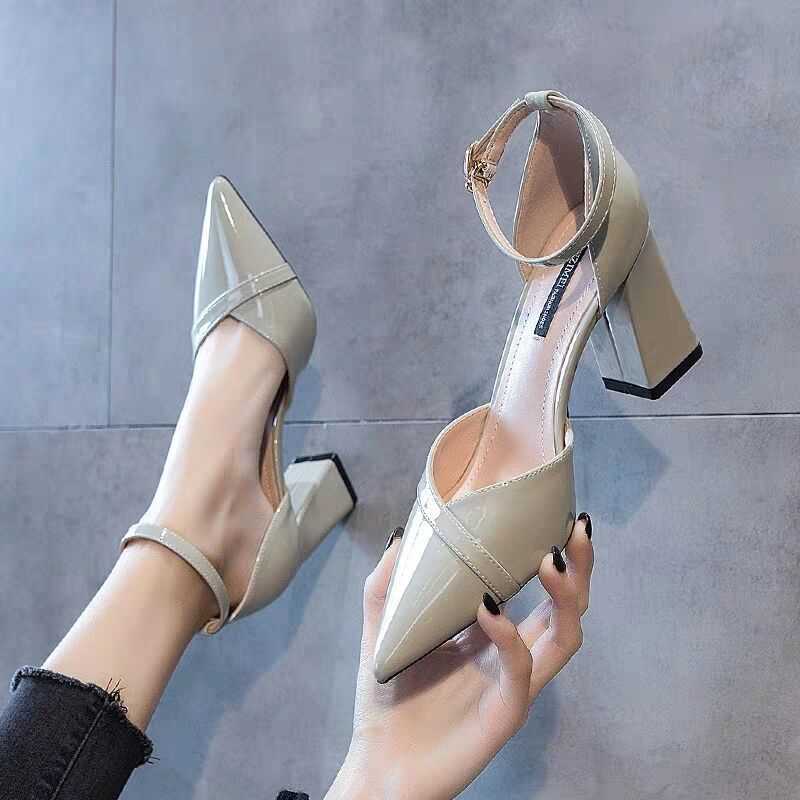 Patent Leather Buckle Single Shoes Versatile Shallow Point-toe Shoes