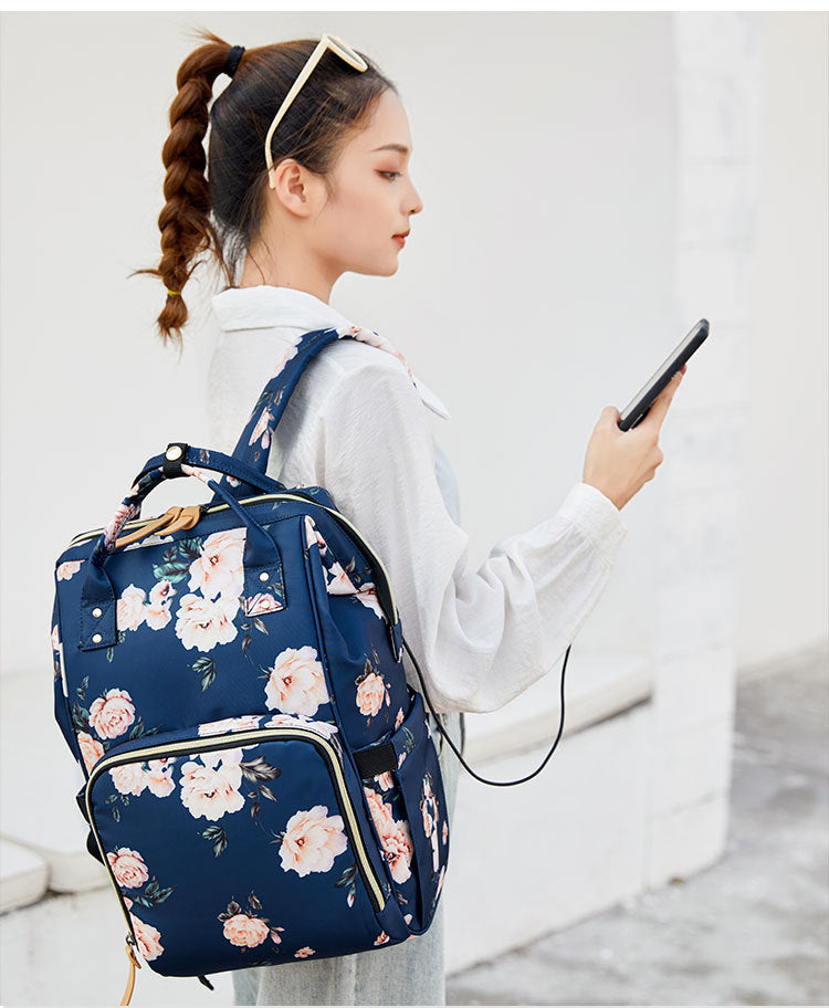Fashion Printed Mother Bag USB Rechargeable Mother And Baby Bag Diaper Backpack