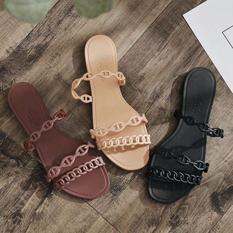Female Flat-bottomed Pig Nose Chain Sandals And Slippers