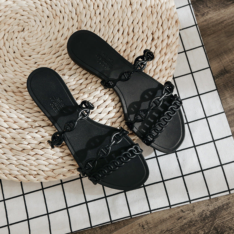 Female Flat-bottomed Pig Nose Chain Sandals And Slippers