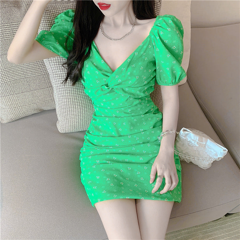 Thin Little Floral Chiffon Green Dress
