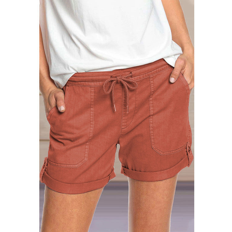 Pure Color Straight Leg Casual Pants Women'S Lace-Up Shorts