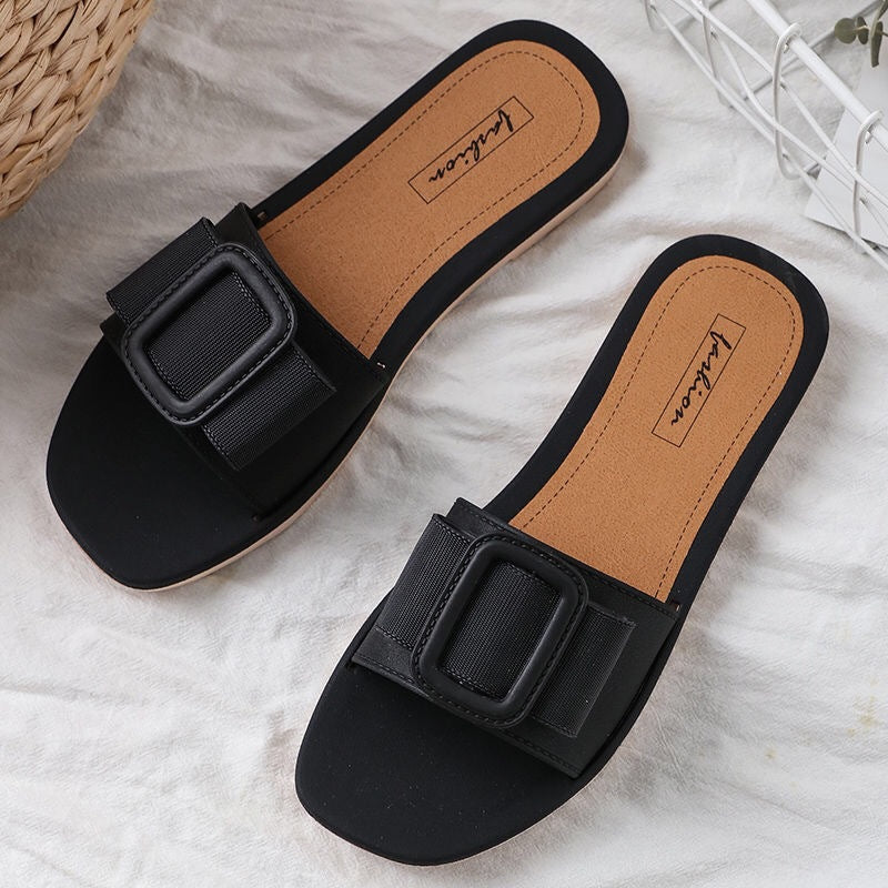 Fashion Casual Slippers With Soft Bottom Square Buckle