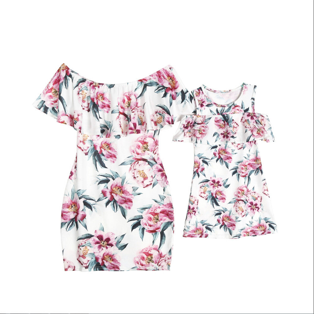 One-Shoulder Printed Ruffle Dress Parent-Child Wear