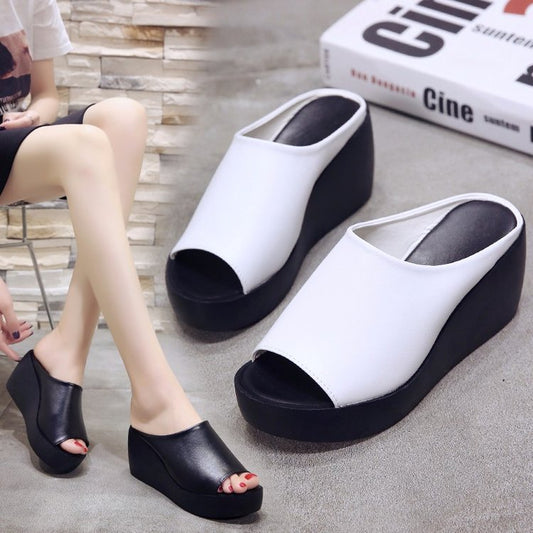 One-word Wedge Slippers All-match High-heel Platform Sandals And Slippers