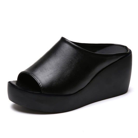 One-word Wedge Slippers All-match High-heel Platform Sandals And Slippers