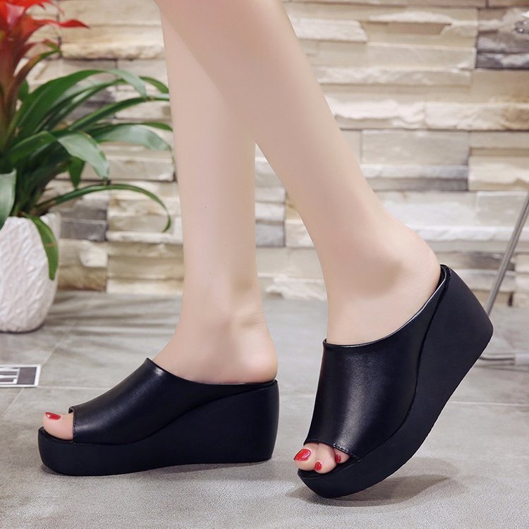 One-word Wedge Slippers All-match High-heel Platform Sandals And Slippers