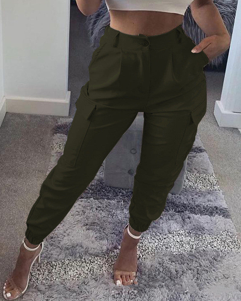Solid Color Slim-fit Cargo Slacks