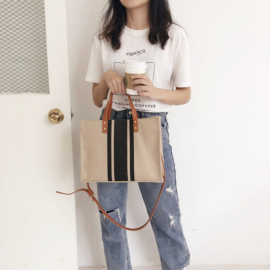 Diagonal Briefcase OL Business Commuting Striped Square Canvas Big Bag