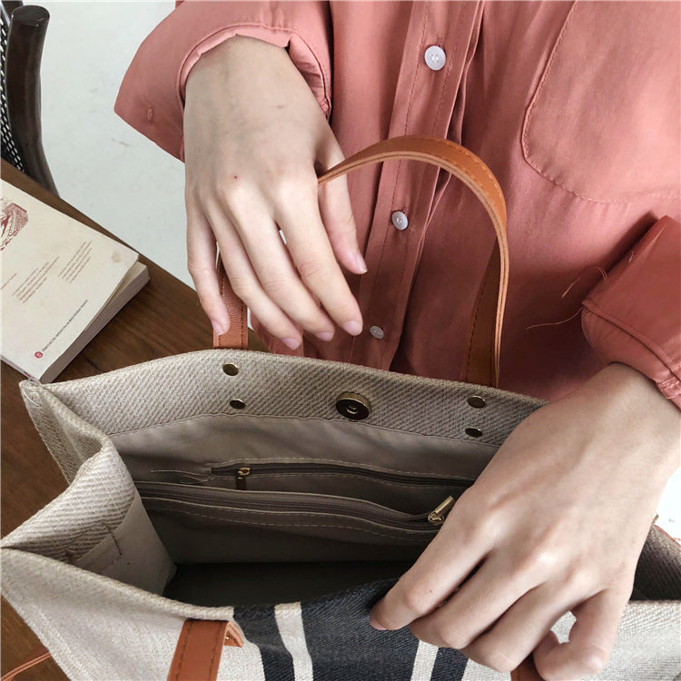 Diagonal Briefcase OL Business Commuting Striped Square Canvas Big Bag