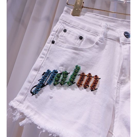 Subtitled Rhinestone Stretch Denim Ladies Shorts