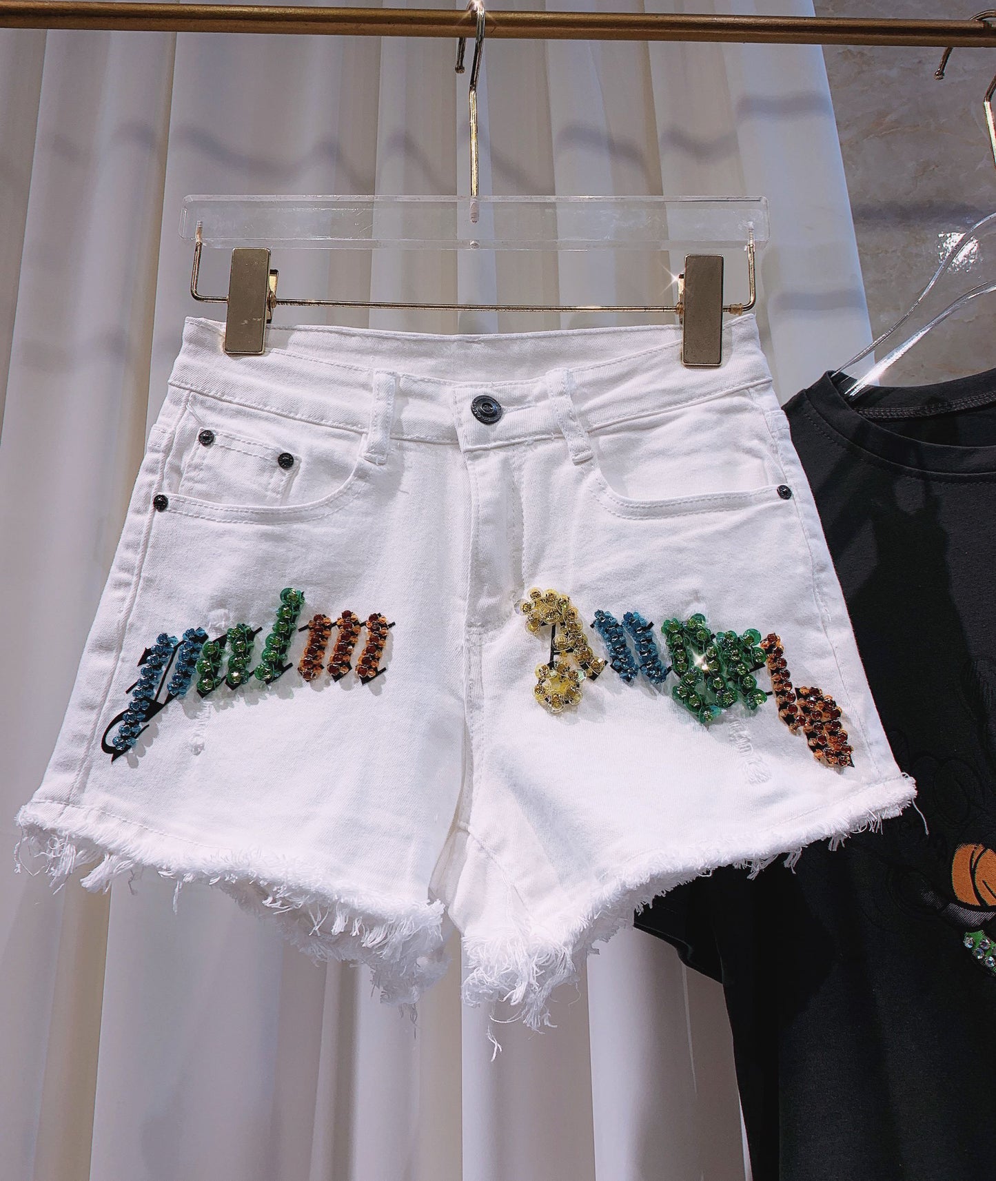 Subtitled Rhinestone Stretch Denim Ladies Shorts