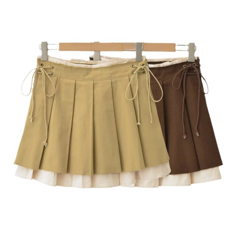 New Women's Pleated Skirt Side Drawstring Contrast Skirt