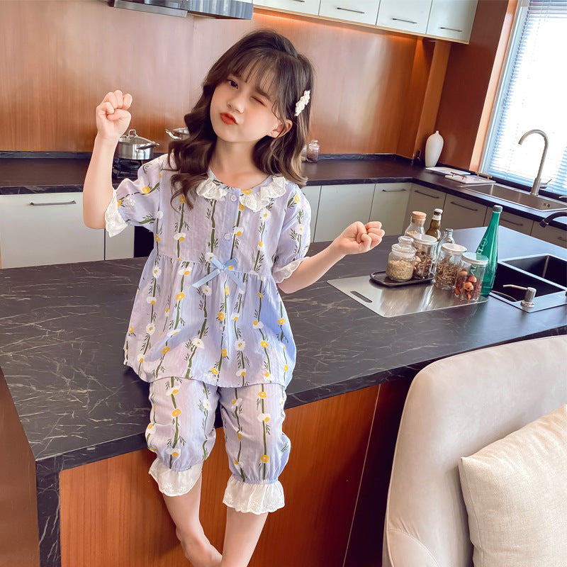 Home Wear Short-sleeved Cotton Air-conditioned Pajamas For Little Girls