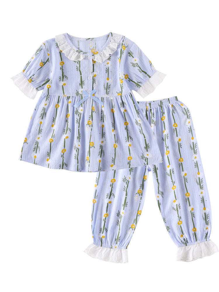 Home Wear Short-sleeved Cotton Air-conditioned Pajamas For Little Girls